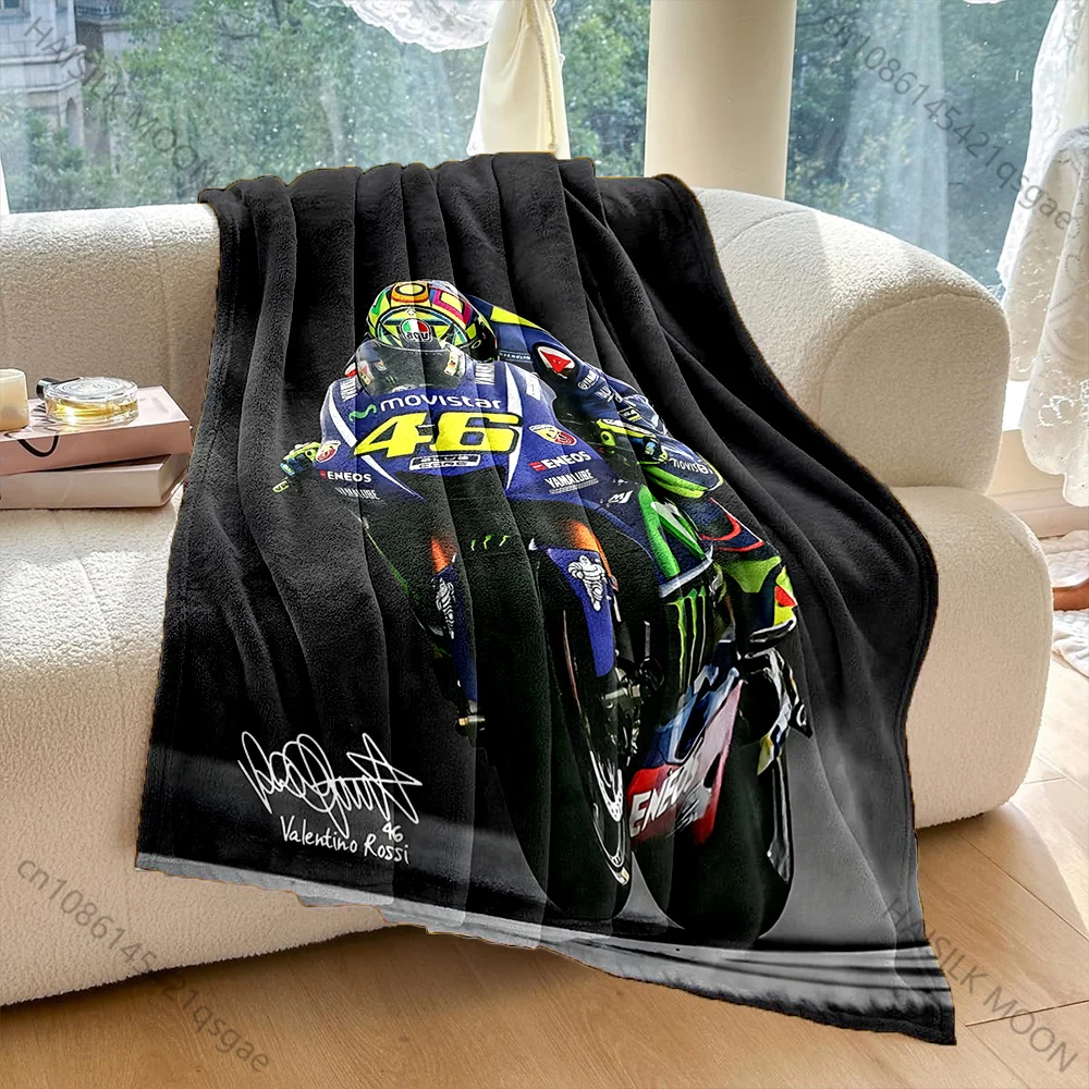Number 46 rider on blue racing motorcycle Print Blanket Warm Soft Fluffy Kids Adult Sofa Bed Throw Outdoor Travel Camping RV