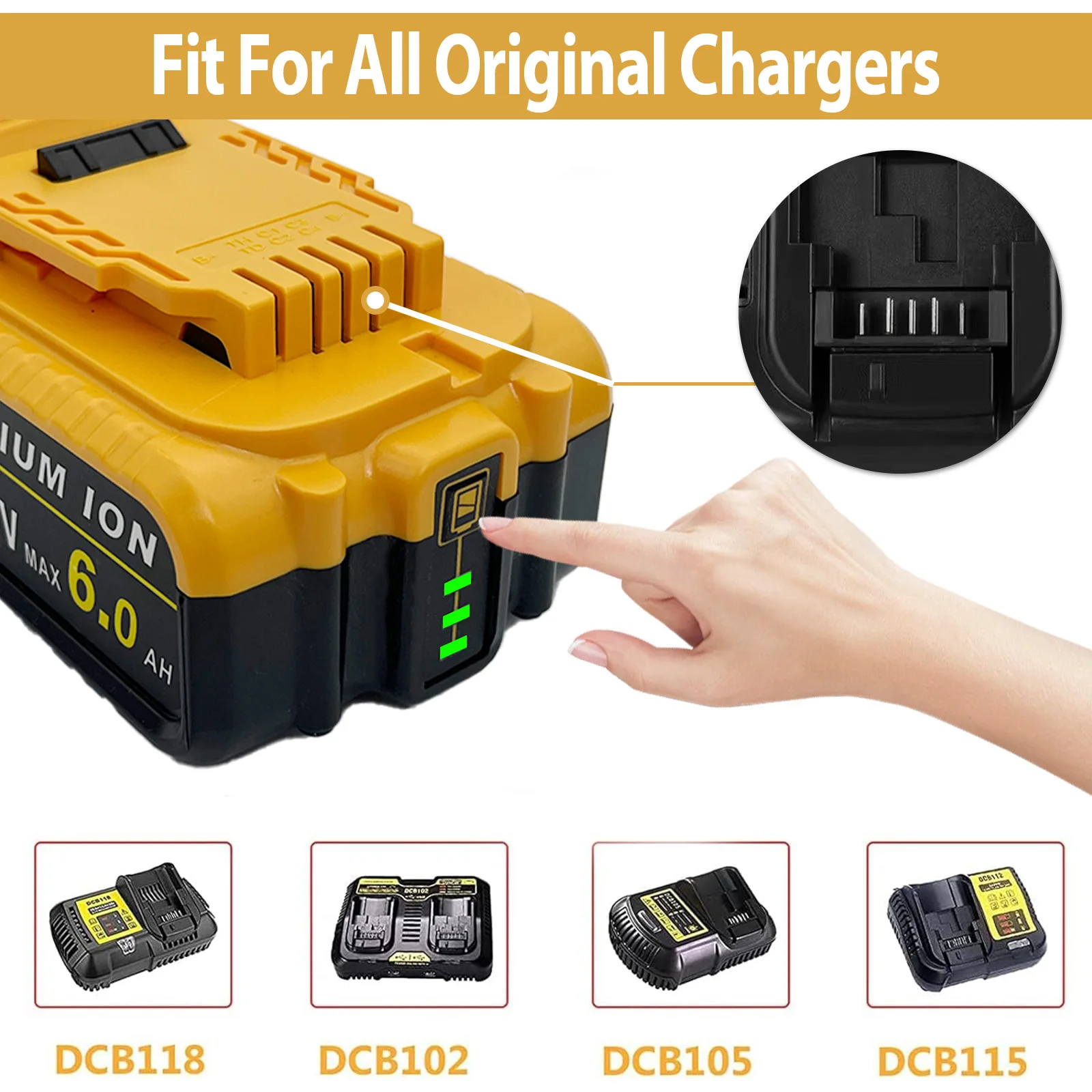 8 Pak pengganti baterai Li-Ion 6000 mAh DCB205 ditingkatkan untuk baterai MAX 20V DeWALT, untuk alat listrik tanpa kabel seri DeWALT