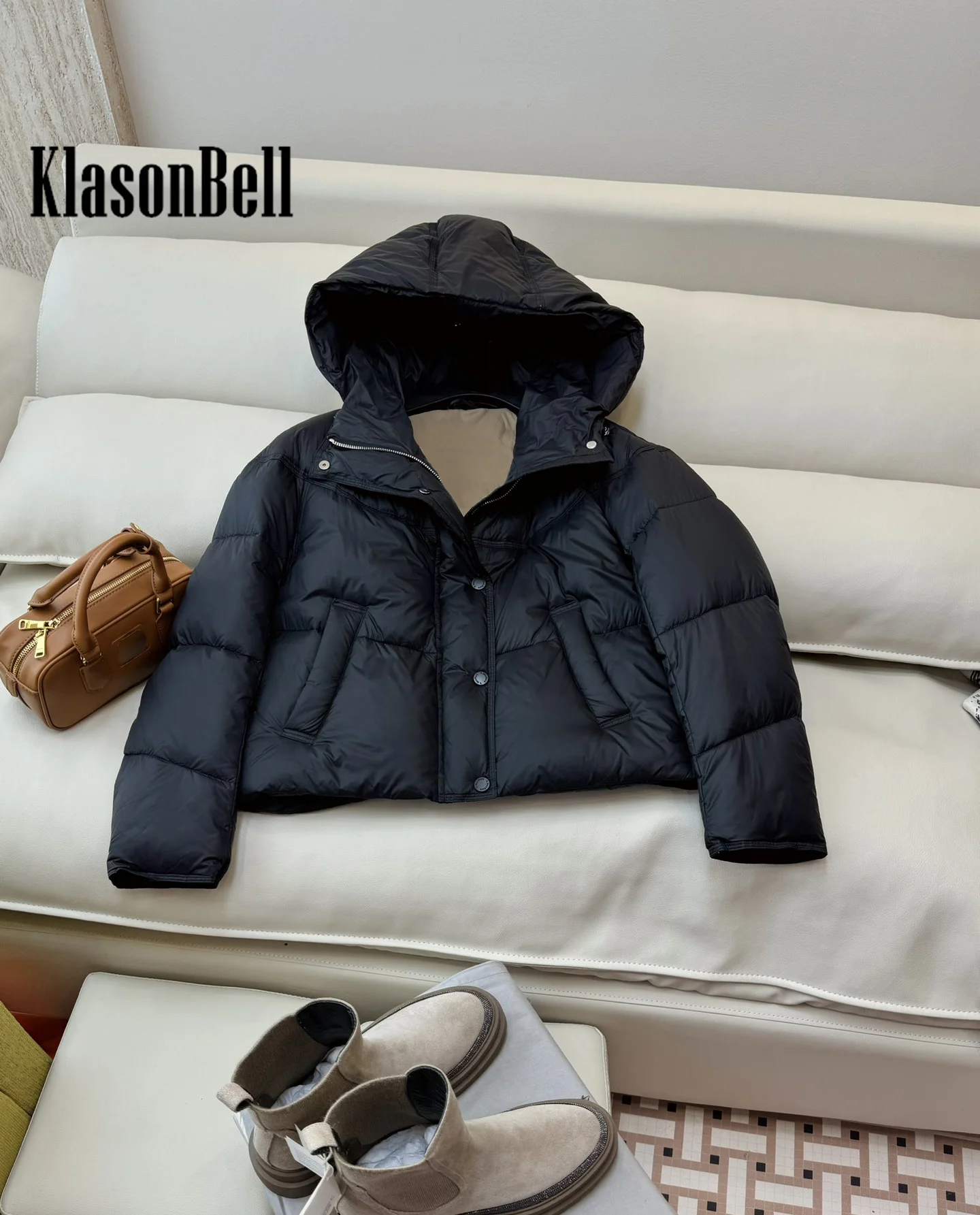 8.28 KlasonBell-Women Fashion Hooded White Goose Down Short Jacket Adjustable Drawstring Design Loose All-matches Down Coat