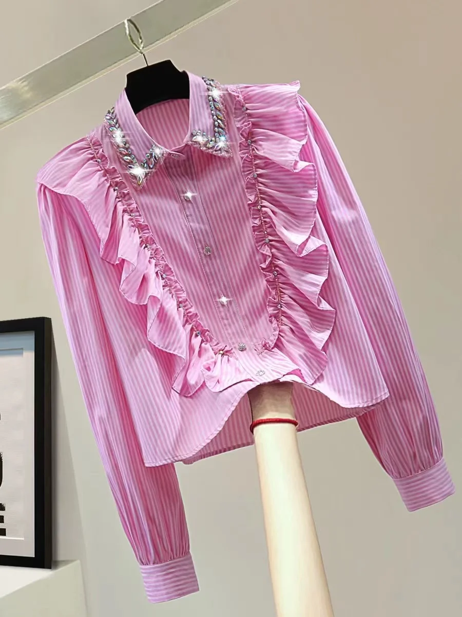 Luxury Style Diamonds Stitch Cotton Stripe Shirts For Women 2024 Autumn Single Breasted Pink Blouse Sweet Chic Top Blusas