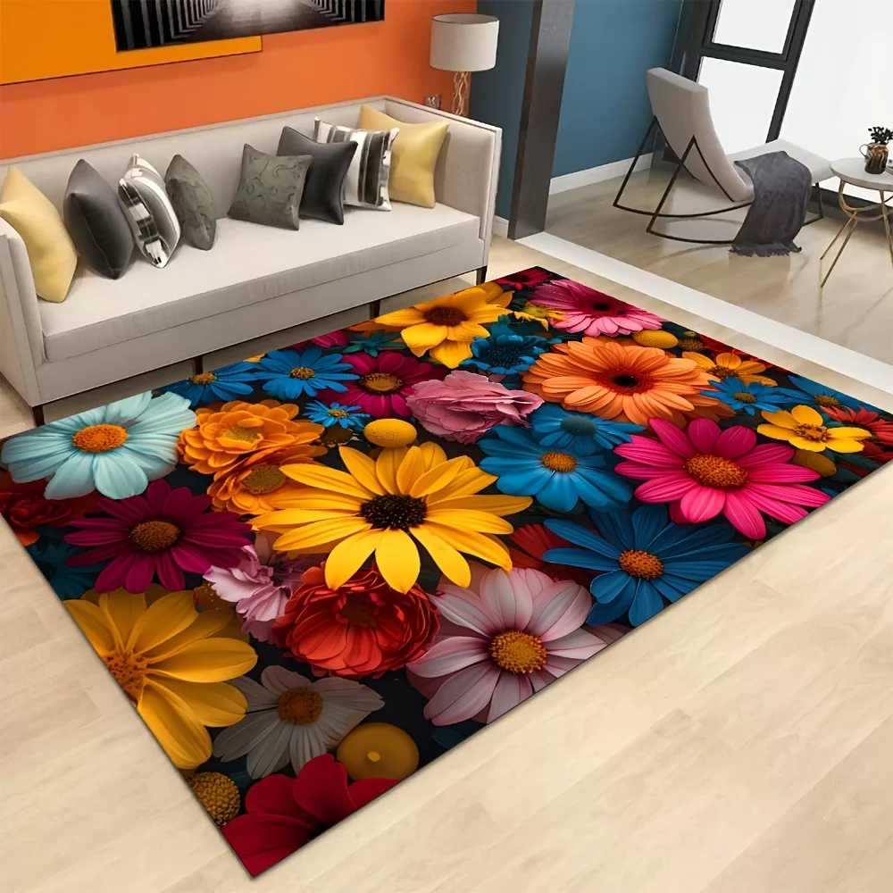 2D Flat Vibrant Multicolor Daisy Flannel Area Rug Non Slip Bright Floral Carpet for Living Room Bedroom Kids Room Floor Decor