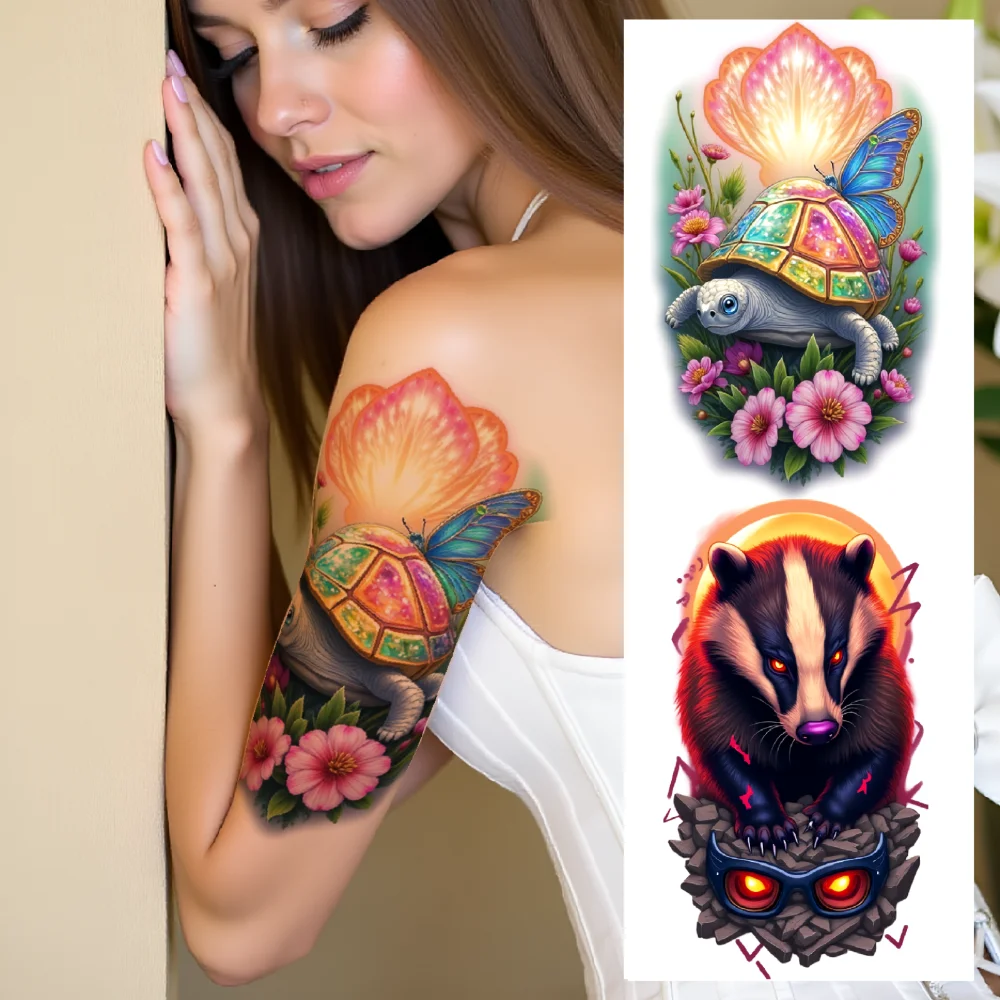 3 pièces tatouage temporaire tatouages temporaires réalistes souris avec ours de roche brillant avec hérisson d'arbre lumineux dans la ville pour les hommes dos