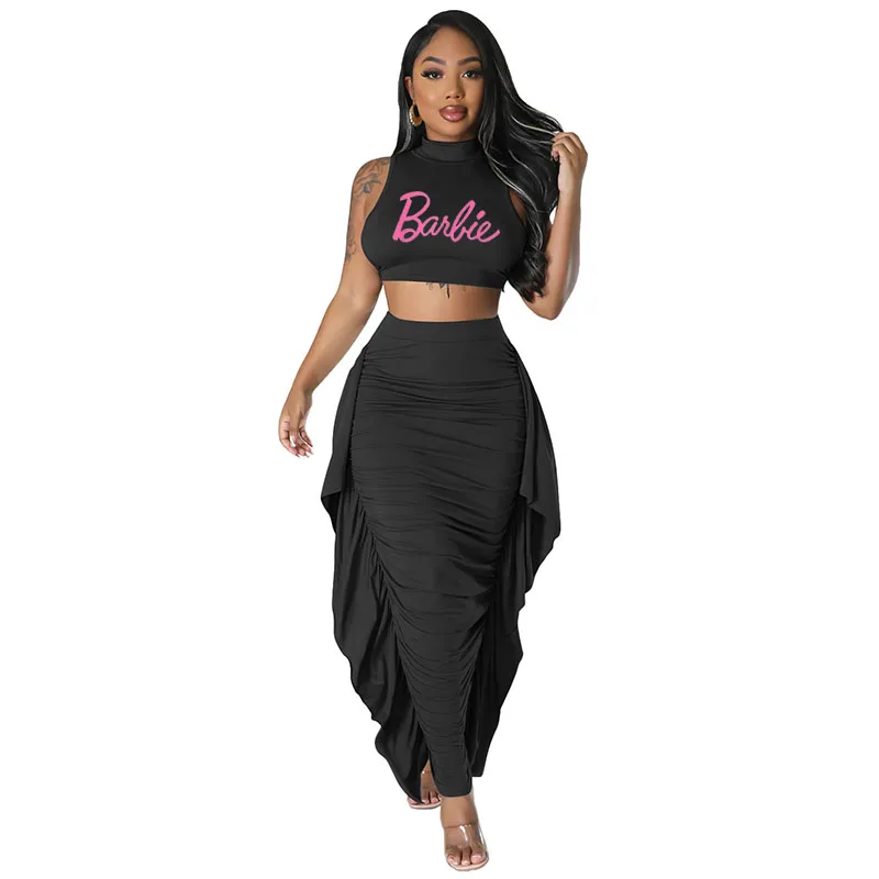 European American Style Sexy Slim Barbie Split Hip Skirt Suit Hot Girl Sleeveless Fashion Versatile Large Size Two-Piece Set