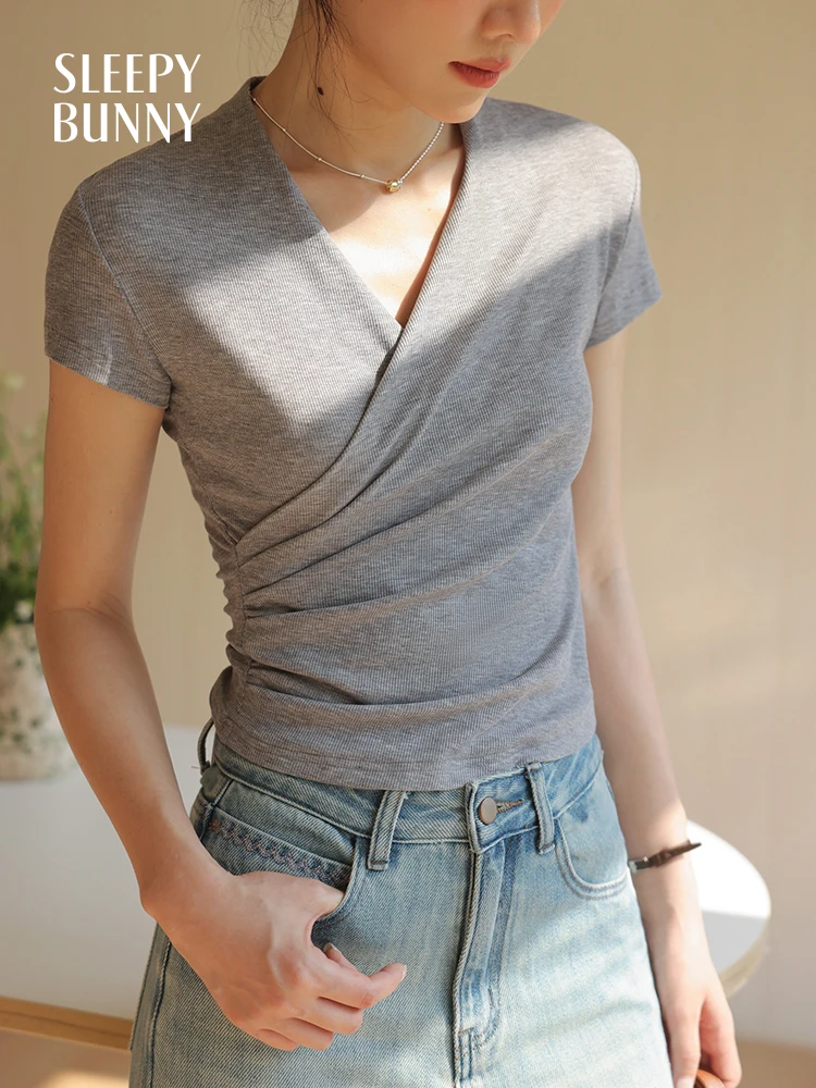 Chic Cross V Neck T Shirt Slim Fit Short Sleeve Top Elegant Casual Summer Blouse for Women High Waist Stylish Daily Wear Outfit