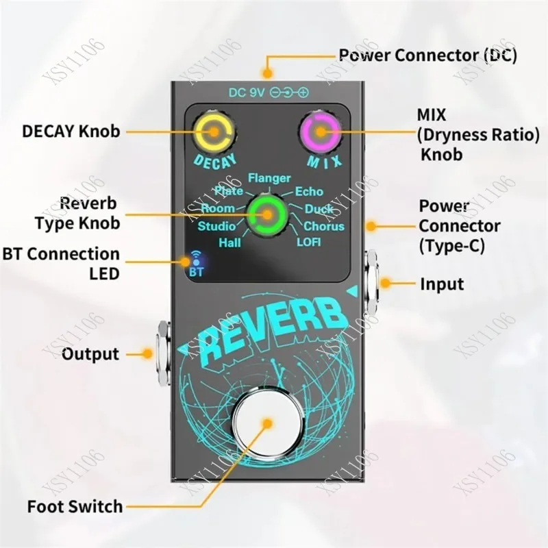 9-Effect Digital Reverb Guitar Pedal - Wireless Accompaniment Decay Mix Knobs Luminous Indicators for Stage Practice