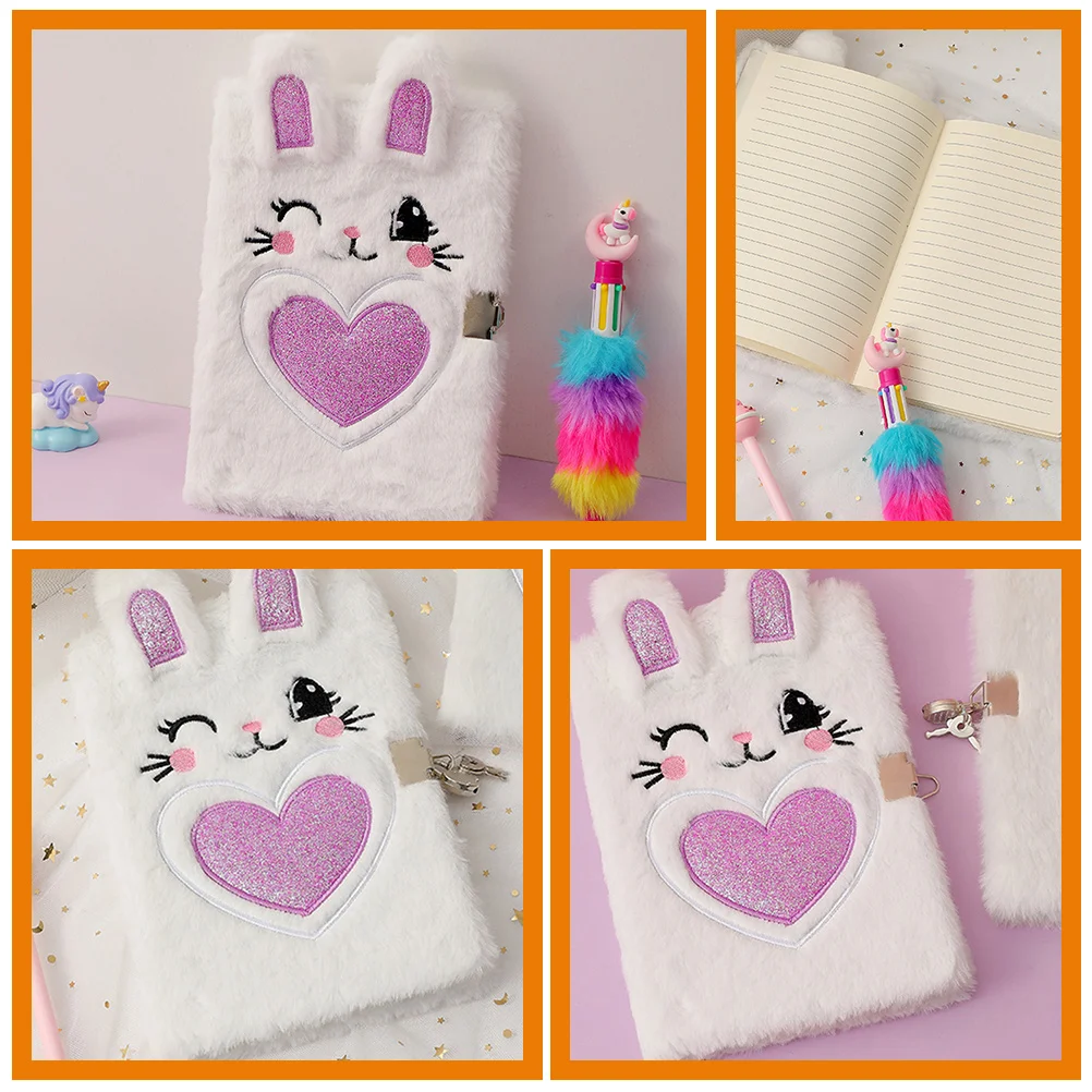 Carnet de notes en peluche avec serrure pour filles, couverture moelleuse, journal portable, cahiers mignons