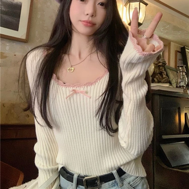 Deeptown Elegant Sweet Sweaters Women Lace Bow Kawaii Knitted Pullovers Korean Style Long Sleeve Cute Fashion Aesthetics Jumpers