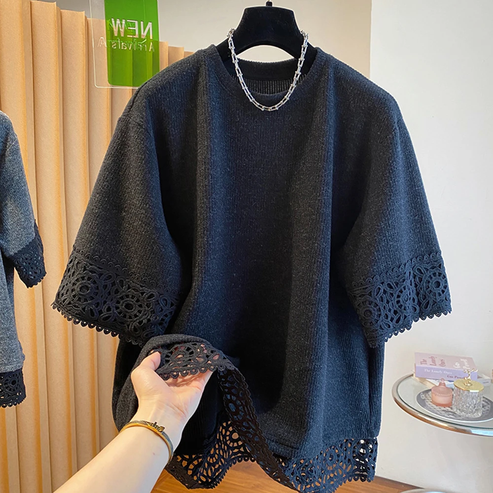 Lace Trim On Cuffs Short Sleeve T-shirt Women's 2026 Spring Summer New Plus Size Loose Underwear Tops Female Casual Blouse