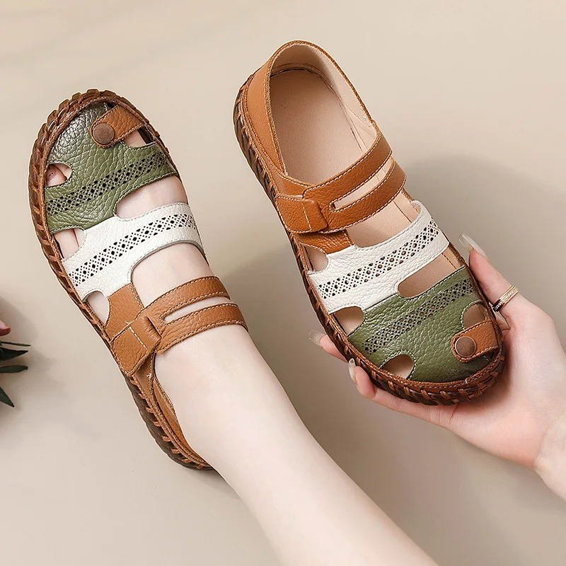 New Patches Gladiator Sandals Women's Handmade Bohemian Shoes Big Size 43 Woman Real Leather Sandal Ladies Patchwork Strap Flats