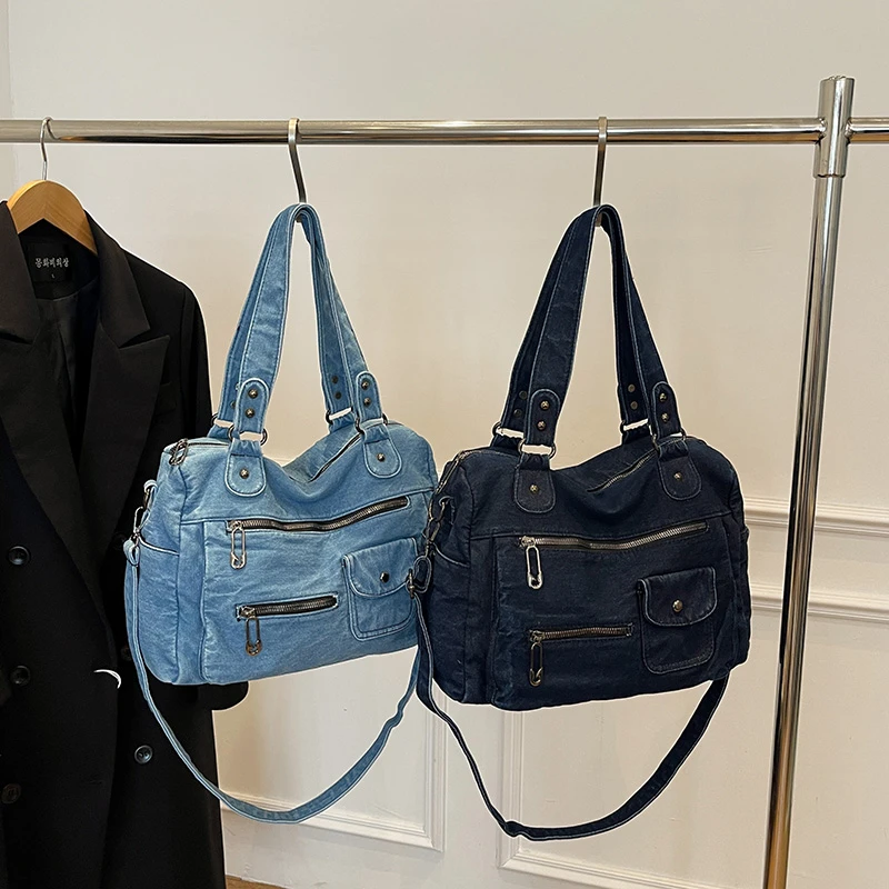 Retro Washed Denim Crossbody Bag Women's Casual Fashion Handbag Commuter Single Shoulder Bag Stylish Compact Purse