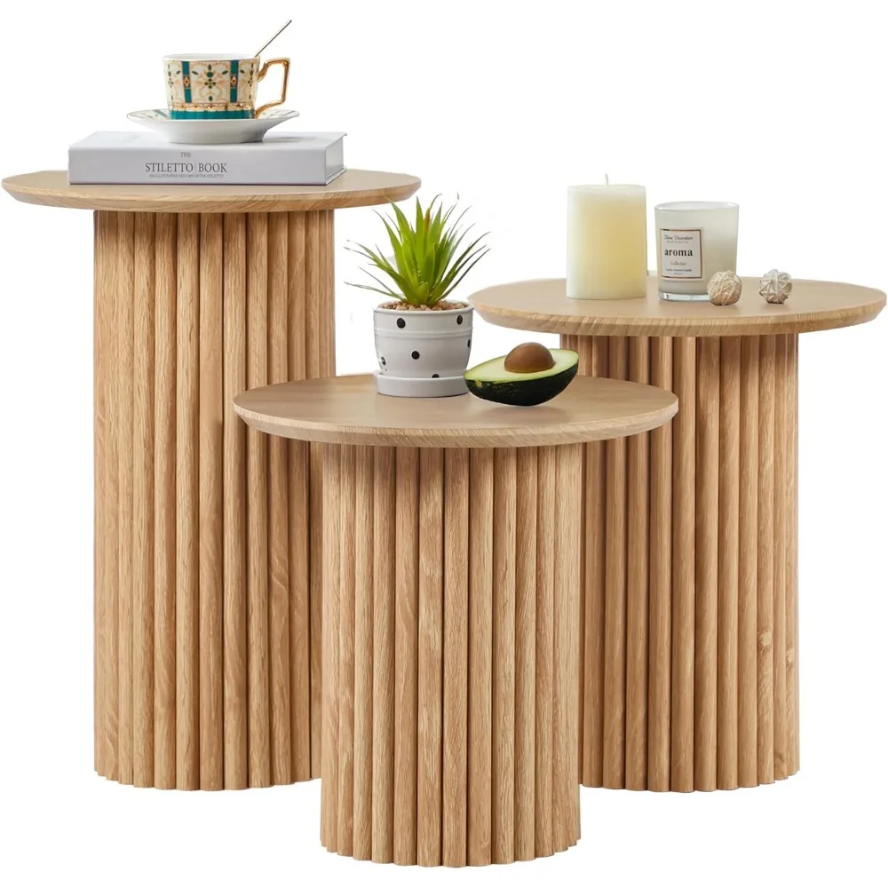 

Nesting Coffee Table Set of 3, Mid Century Modern Fluted Coffee and End Table Set, Small Circle Wooden Side Table Drink Table.