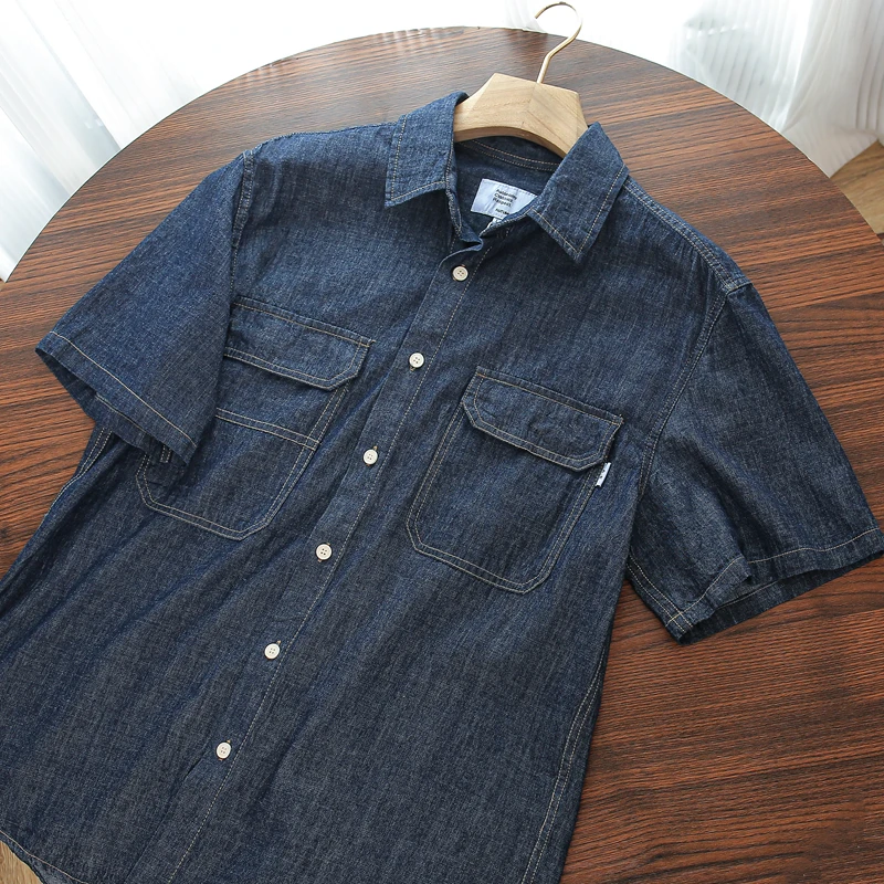 Retro Japanese Style Men's Loose Casual Washed Cotton Short Sleeve Denim Shirt Summer Workwear Multi-Pocket Loose Fit Jeans