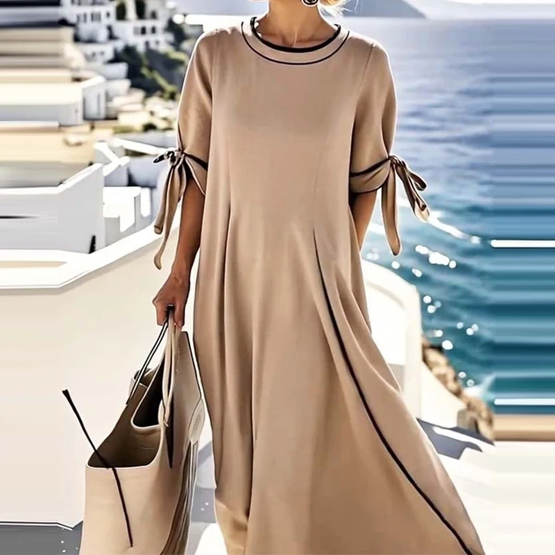 2025 Spring Summer Tie-up Short Sleeve Boho Dress Women Fashion Contrast Color O Neck Long Dress Casual Loose A-Line Beach Dress