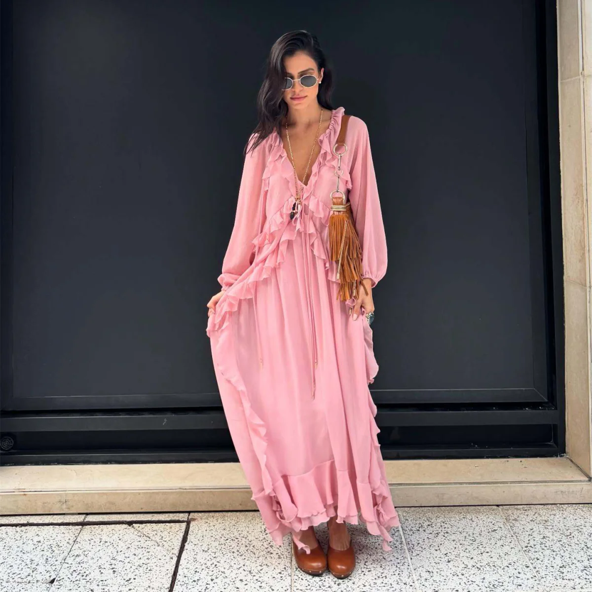 2025 em camadas decoração plissado colarinho doce temperamento manga longa vestido solto verão nova chegada roupas femininas