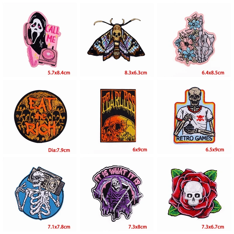 10PCS/Lots Punk Skull Patch Lighter Fire iron on patches for clothing embroidered patches on clothes jackets DIY stickers badges