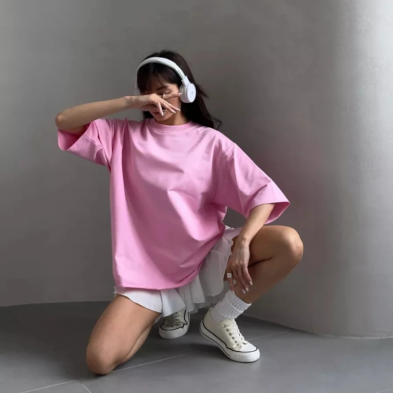 2025 뜨거운 판매 코튼 티셔츠 여성 닳은 라운드 넥 테리 천 반팔 루즈 기본상의