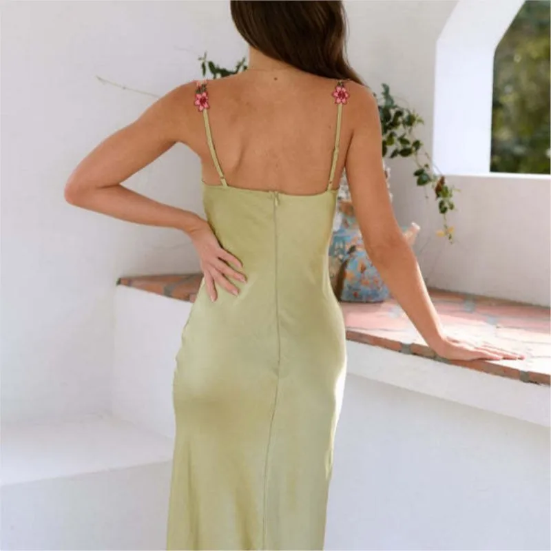 Vestido largo de satén con encaje bordado y tirantes para mujer, vestido Sexy sin mangas de estilo francés, cintura alta, corte en A