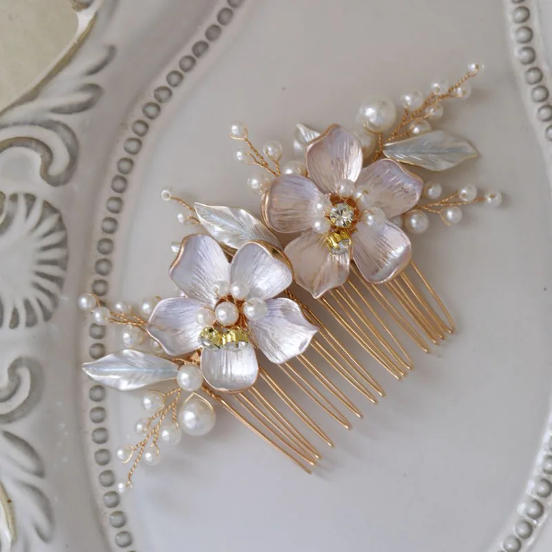 SLBRIDAL Handgefertigter Kristall-Strass-Perlen-Keramikblumen Braut-Haarkamm Hochzeits-Haaraccessoires Brautjungfern Damenschmuck – Detail 3