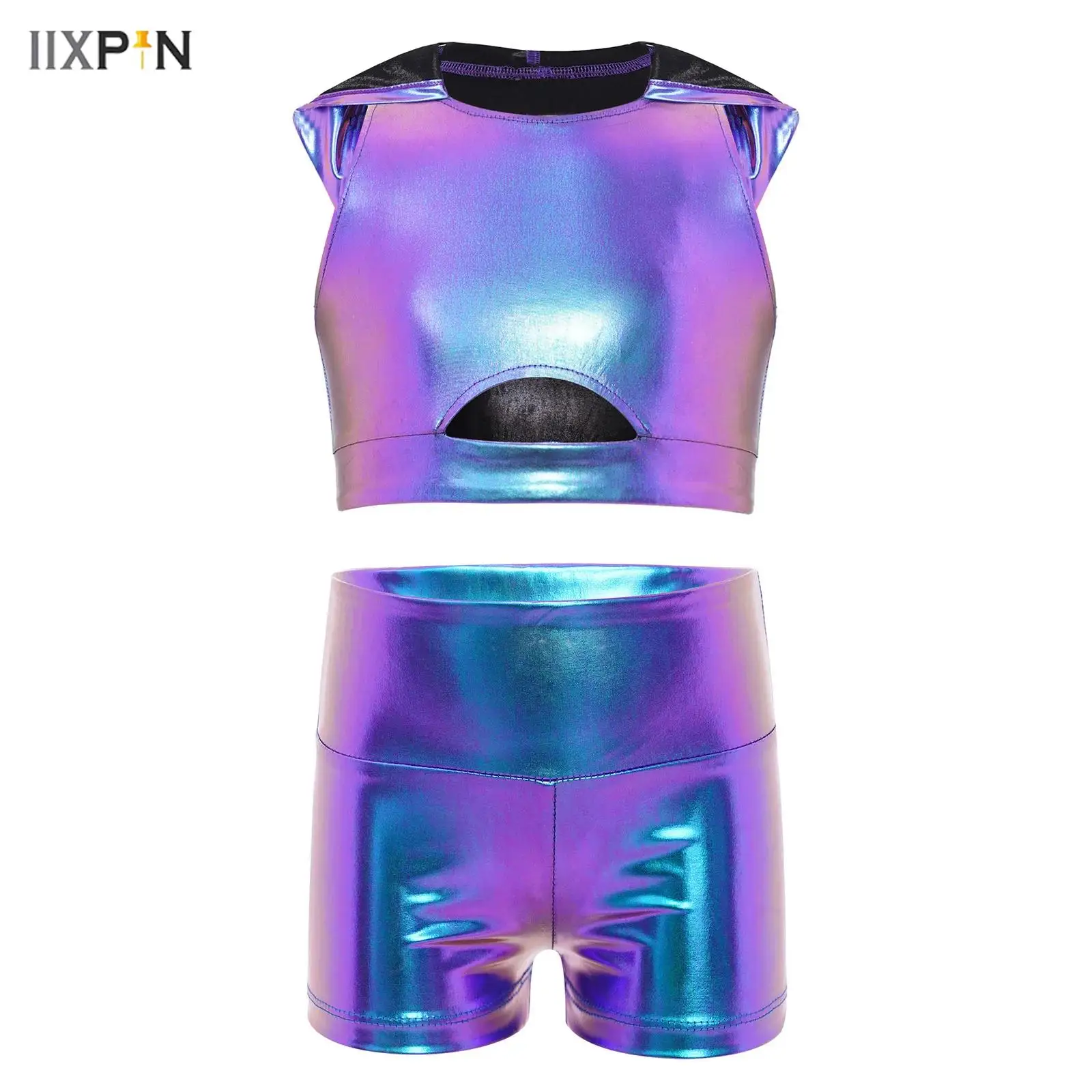 

Kids Girls Shiny Metallic Jazz Dance Costume Sleeveless Cutout Front Hooded Crop Top with Shorts Gymnastics Performance Disco