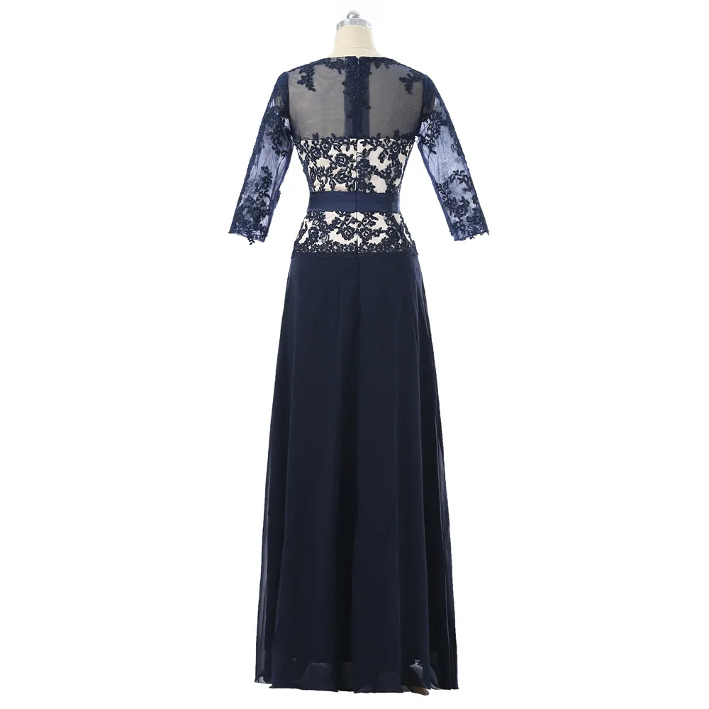 Navy Blue Mother Of The Bride Dresses A-line 3/4 Sleeves Chiffon Appliques Plus Size Long Groom Mother Dresses For Wedding