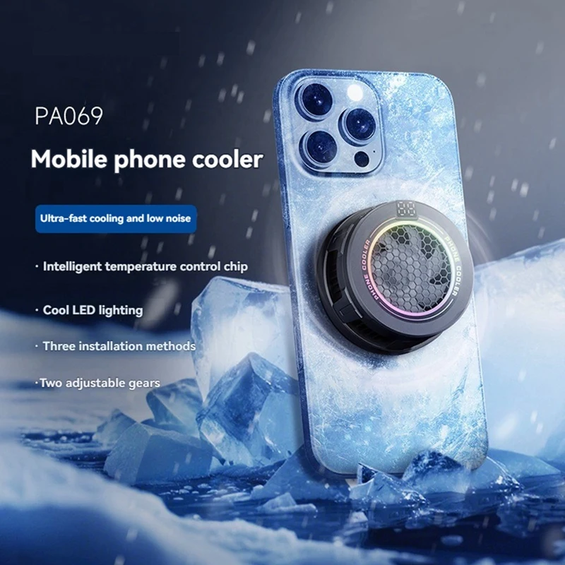 Magnetic Phone Cooler Low Noise USB Cooling Fan with RGB Light Smart Temp Control Cooling Fan for Game Cooling-A46I