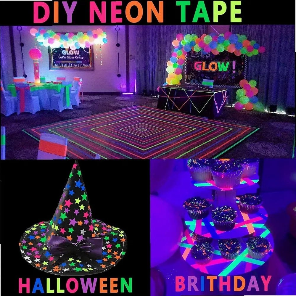 Glow in Dark Tape 6 Rolls Neon Blacklight Tape, Multi-Color Luminous Party Supplies, Heavy Duty Waterproof Adhesive