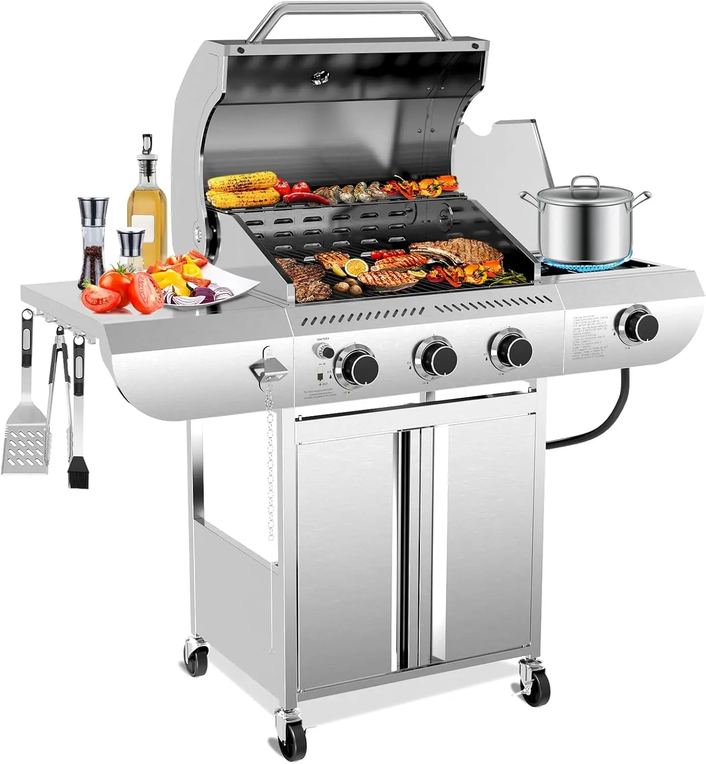 

3-Burner Propane Gas Grill with Side Burner – 34,000 BTU Stainless Steel Outdoor BBQ Grill, Cast Iron Grates, Portable Wheels