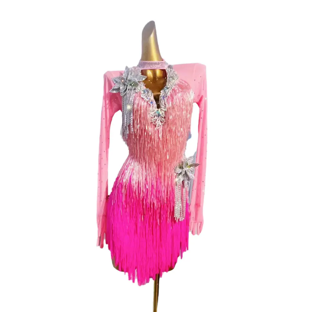 Latin Dance Professional Dress High-end Custom Pink Gradient Patchwork Tassels Adult Standard Stage Professional Clothing