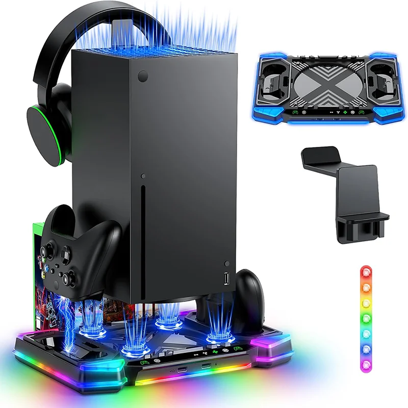 Vertical Charger Dock for X-Box X with 6 Games Storage/4 Cooling Fan/11 Kinds RGB Light Effect/Headset Cooling Stand