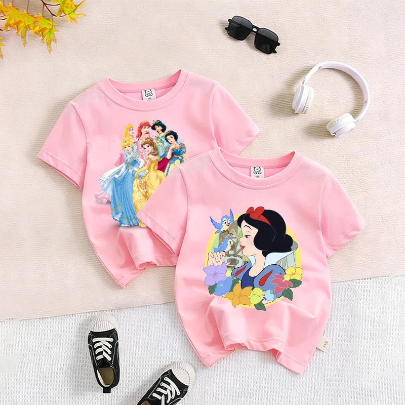

Pink T-shirt Disney Princess Movie Multi Roles Snow White Cute Anime Girls Kids Streetwear Tees Short Sleeve Cotton Clothes Tops