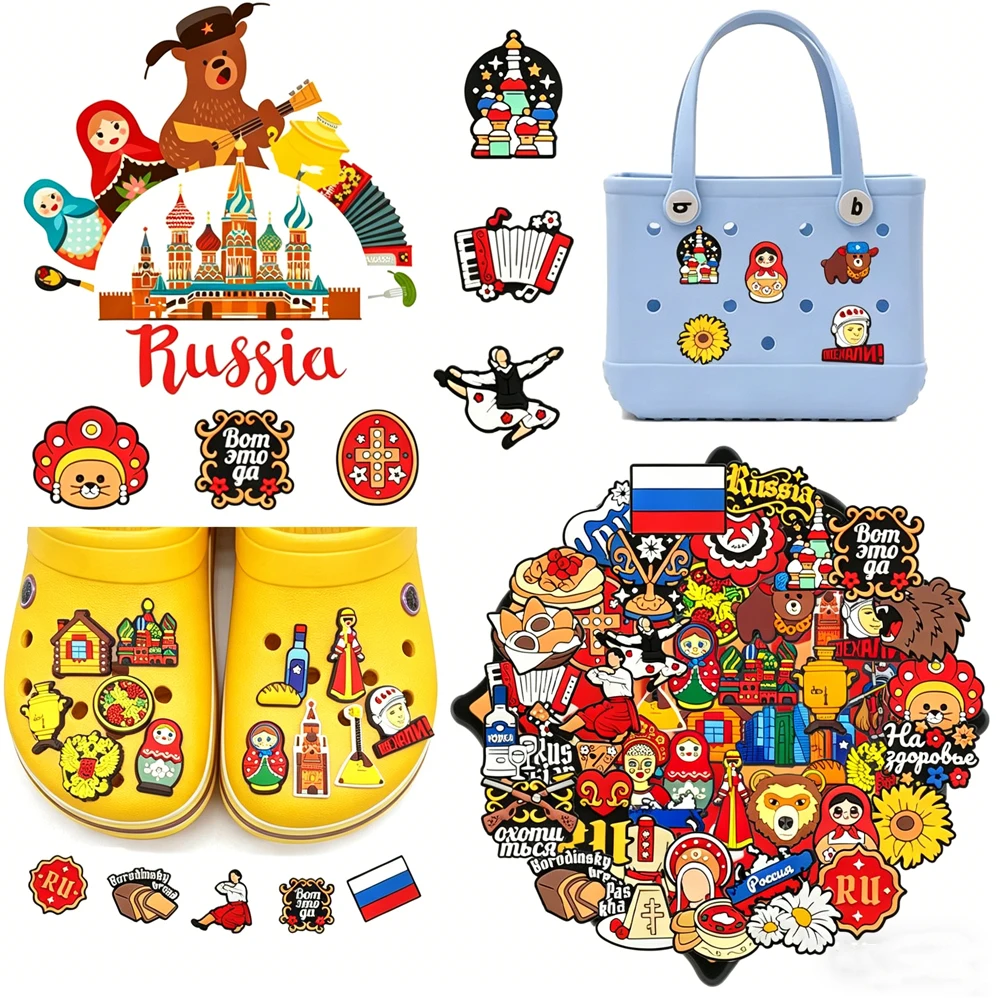

Hot sales 18-100pcs Cartoon Russia style Series PVC Shoe Charms Accessories DIY Detachable Shoe Decorations Creativity Gifts
