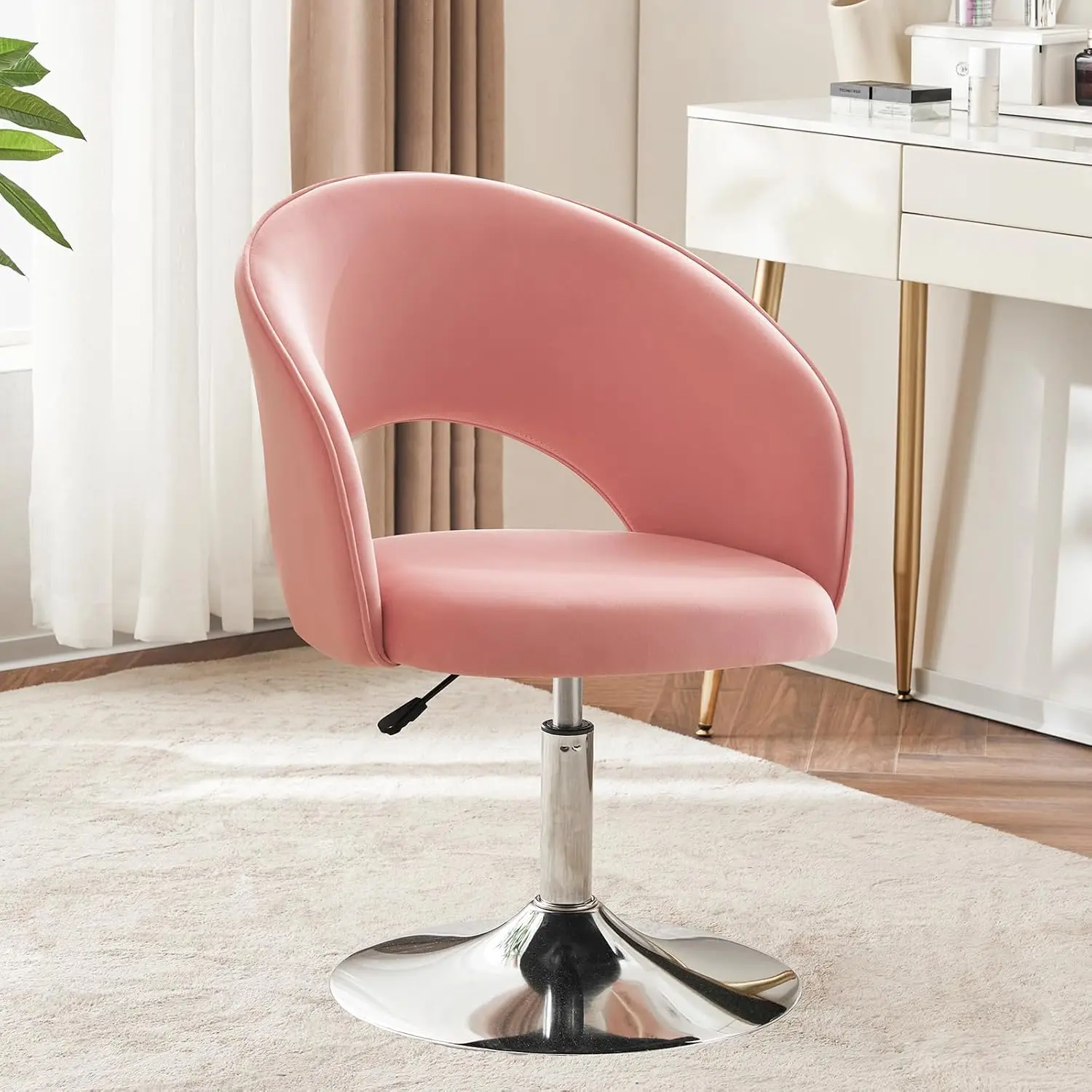 

Vanity Chair White Leather Vanity Stool, Height Adjustable Accent Chair with Back, Round Swivel Makeup Chair for Living Room