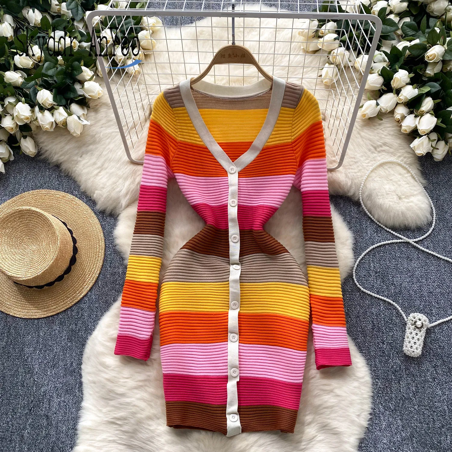 Auutmn New Dress For Women Vestidos Striped Patchwork Knitted Elbise Long Sleeve Bodycon Short Dresses Slim Sexy Female Robe