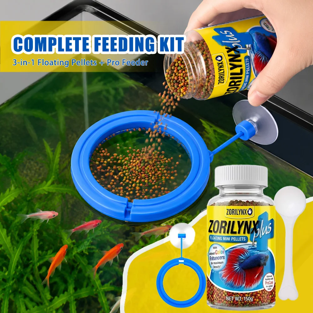Fish Food Pellets with Floating Feeding Ring Kit for Betta Goldfish Tropical Fish Nutrient Color Enhancer Set ZORILYNX Plus