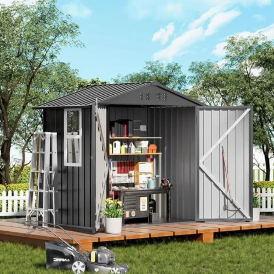 Shed Storage Outdoor Metal Windowed Lockable Garden Toolhouse Weatherproof Ventilated Backyard Utility Workshop Grey, 6'x4'