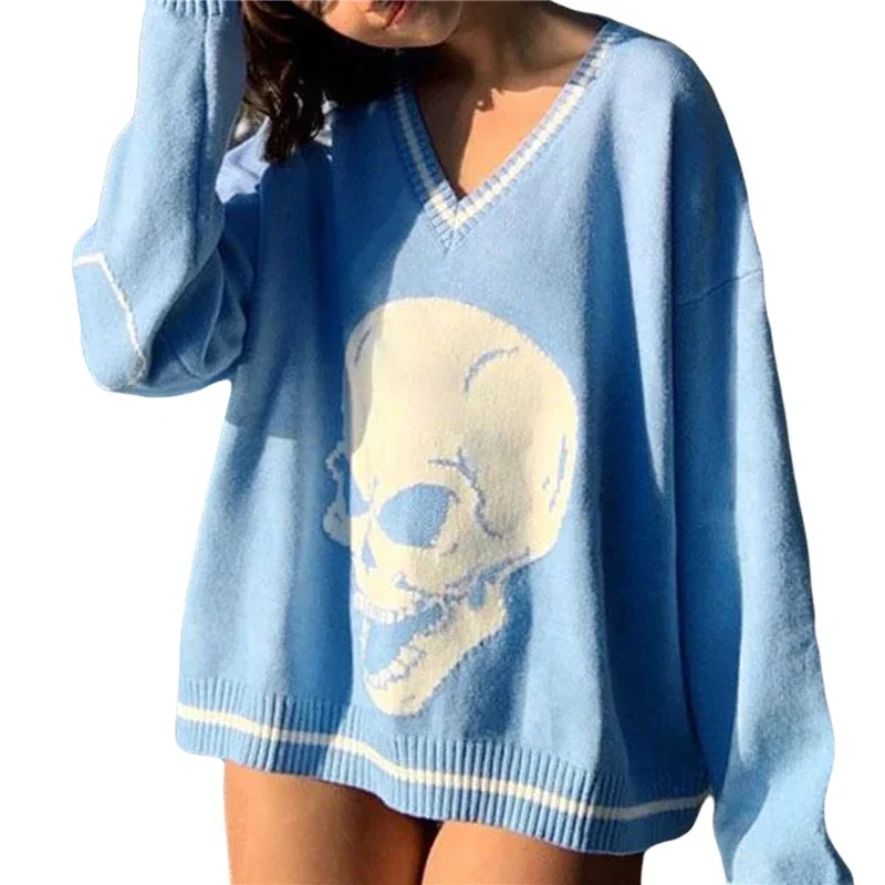 2024 New Women's Autumn and Winter Personality Skull Pattern Casual Loose V-neck Knitted Fashion Sweater Pullover Lazy Style