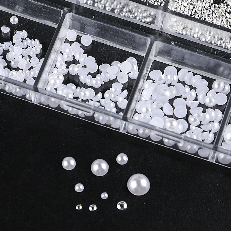 12 Grids White Half Round Pearl Nail Art Decoration Mixed Size Silver Gold Mini Steel Ball Rivet Rhinestone Nail Accessories