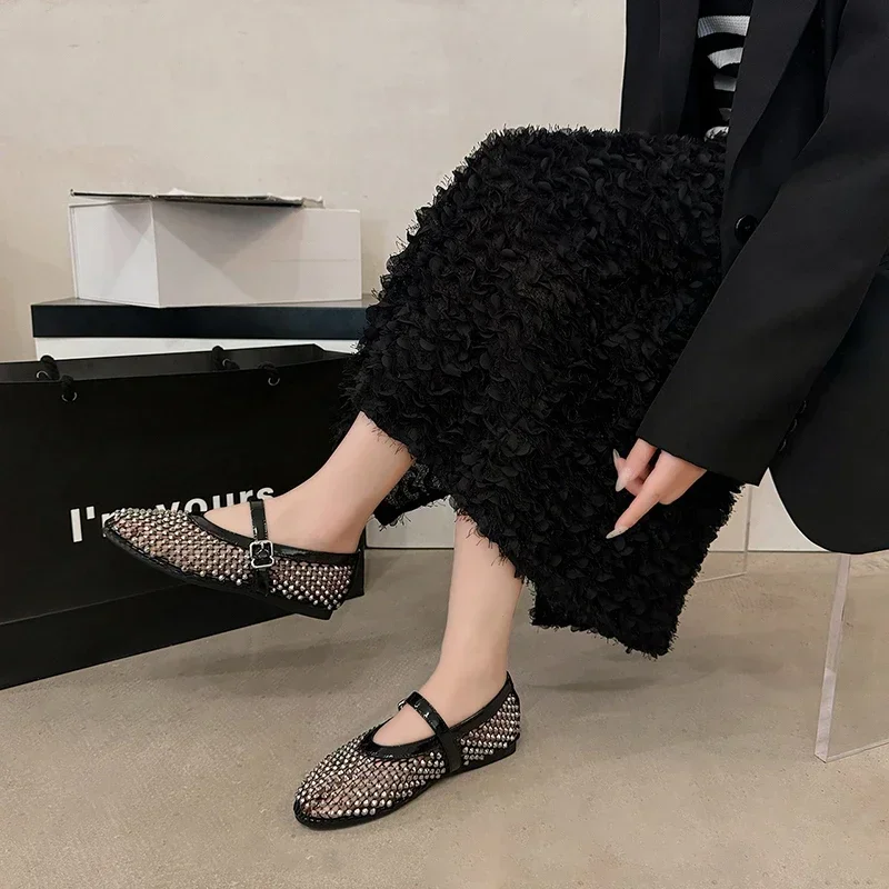 Luxury Crystal Rhinestone Fishnet Ballet Flats Woman Brand Design Rivet Studs Mesh Mary Jane Shoes Ladies Summer Cut Out Loafers