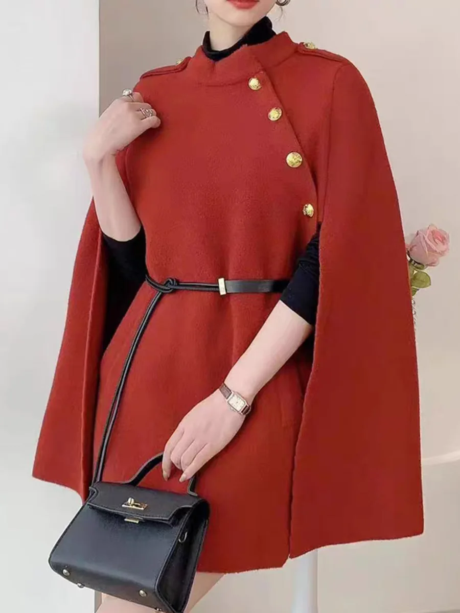 Women Single-Breasted Rivet Cape Batwing Sleeves Loose Poncho Winter Faux Woolen Long Overcoat Pullover Out Street Knitwear