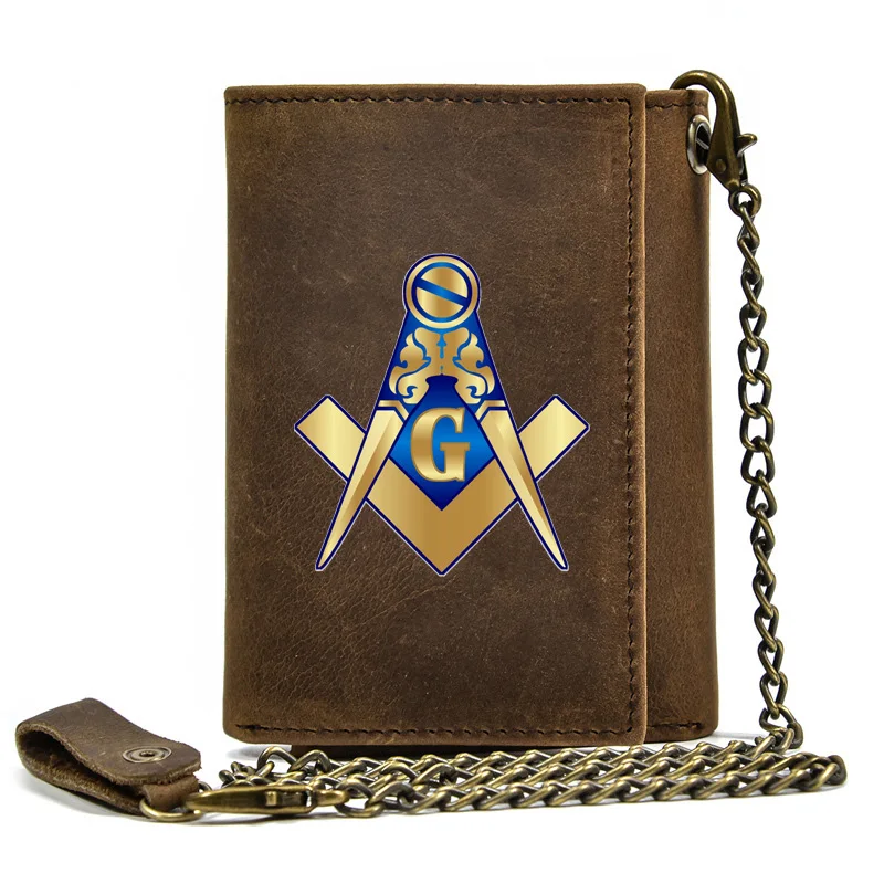 

Luxury Men Genuine Leather Wallet With Iron Chain Masonic Logo Sign Printing Card Holder Short Purse Key Bag BT080