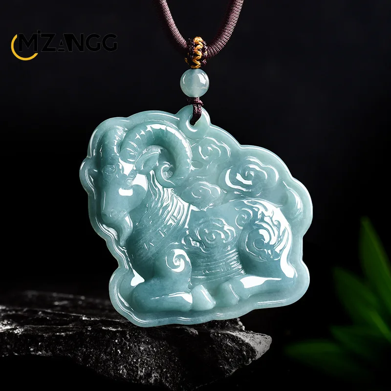 

Natural Jadeite Auspicious Sheep with Cloud Pendant Exquisite Carving Ice-grade Men's and Women's Jade Necklace Festival Gift