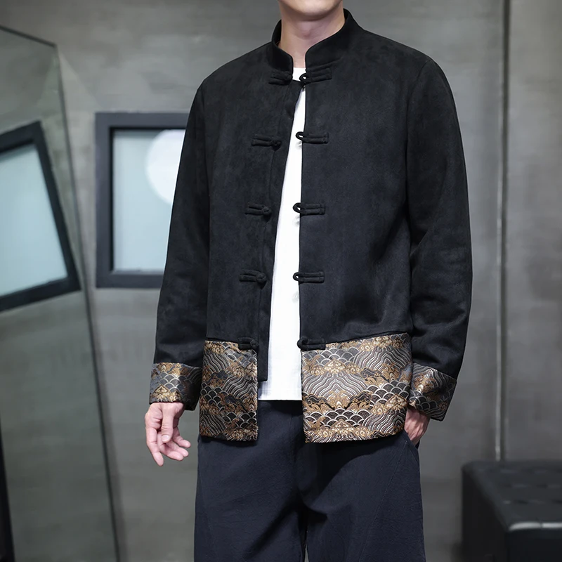

New Chinese Sle Men's Long Sve Jaet Deer Skin Velvet Large Size Outerwear Retro Rvated Hanfu Tang Costume Coat