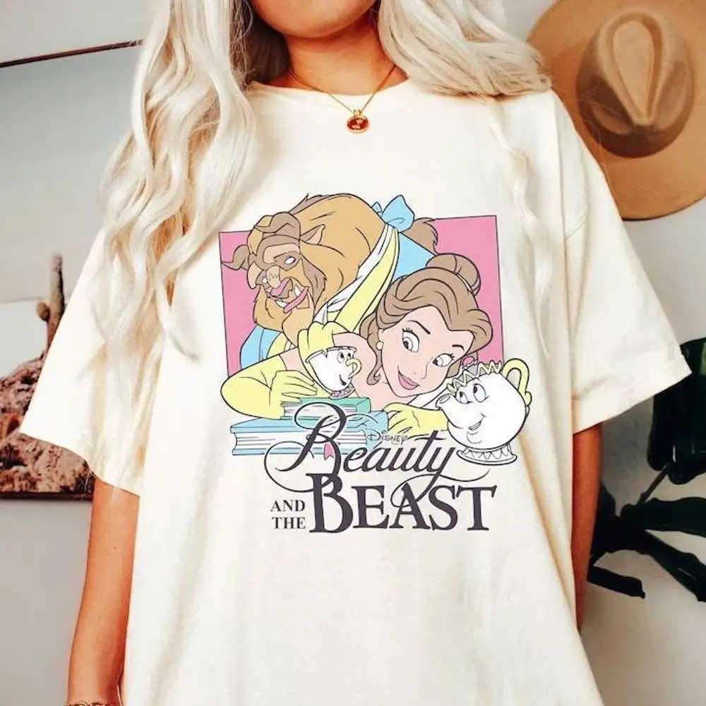 خمر ريترو الجمال والوحش الكرتون المطبوعة تي شيرت حكاية قديمة كما الوقت ديزني الأميرة قصيرة الأكمام بلايز الملابس