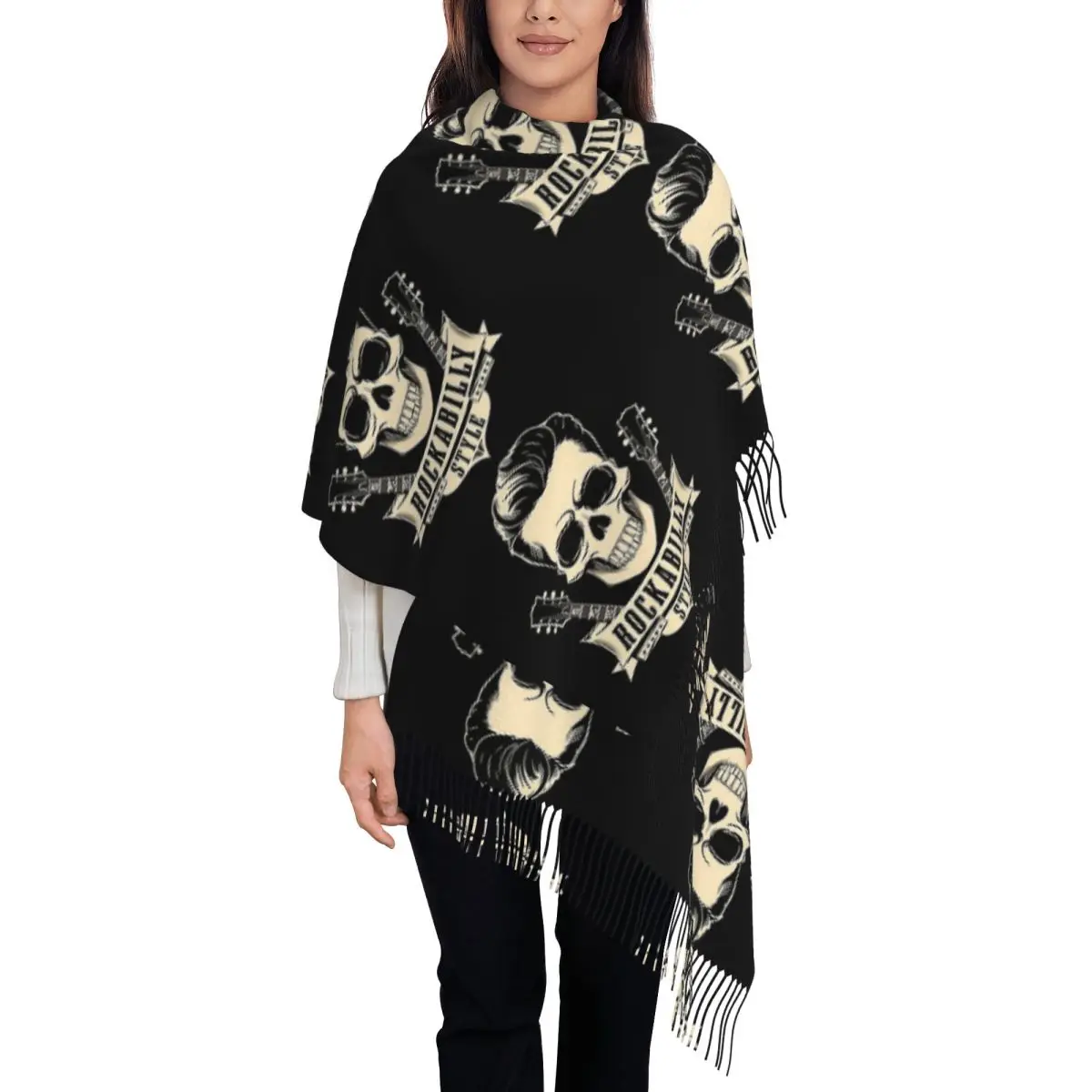 Rock Skull Rockabilly Scarf Tassel Scarves for Women Soft Warm Shawls and Wraps Long Fall Winter Shawl Wrap