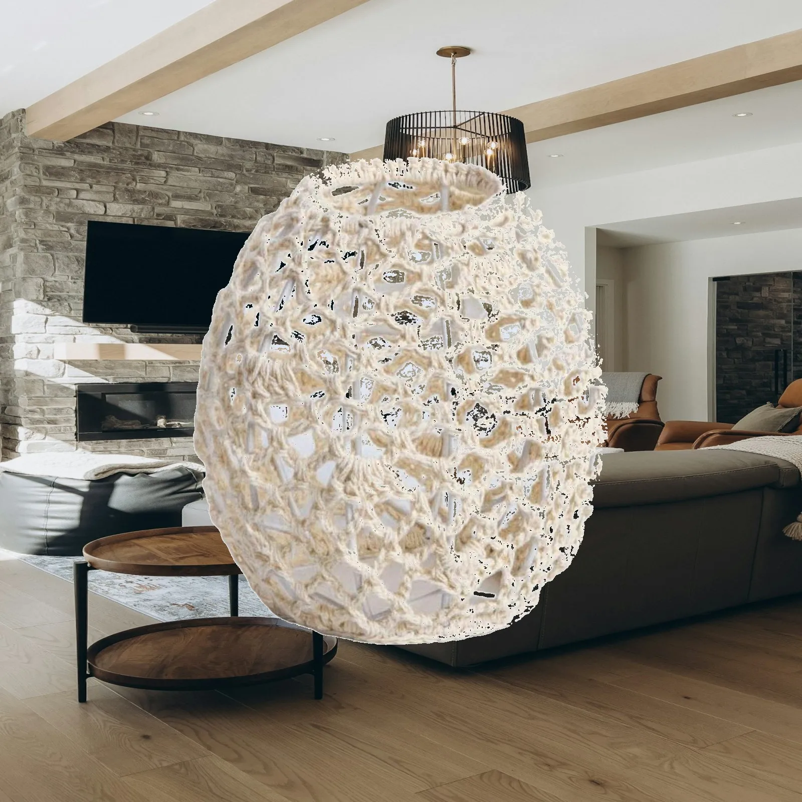 Creative Macrame Fabric Lampshade Handwoven Rope Light Cover for Pendant Fixture Living Room Decor