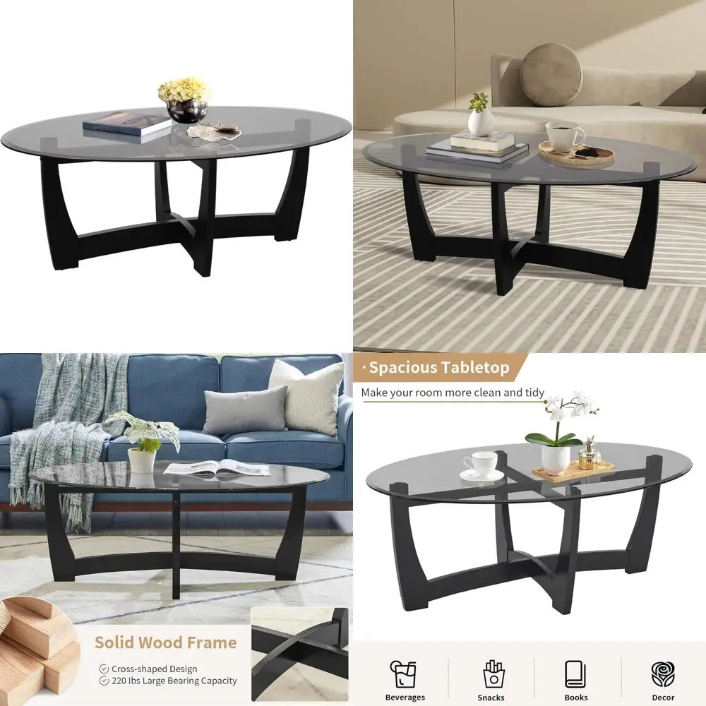 

Modern Oval Glass Coffee Table with Black Tempered Glass Top and Solid Wood Base for Living Room Centerpiece