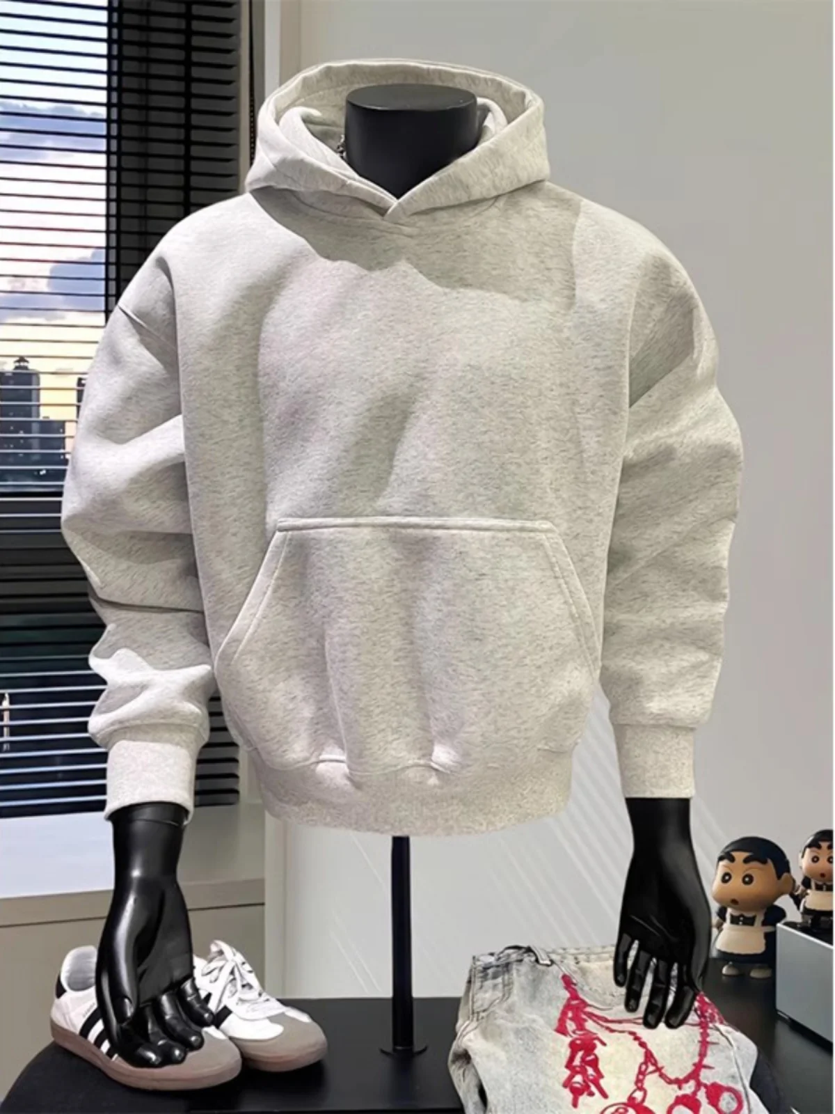 

American Style Fleece Lined Men's Hoodie Short Wide Boxy Fit Inner Wear Base Shirt Spring Season Long Sleeve Youth Fashion