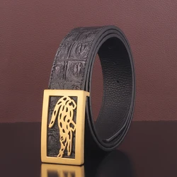 Cinturón de piel de vaca con hebilla de acero para hombre, cinturón de marca de lujo, cuero de grano completo, informal, alta calidad