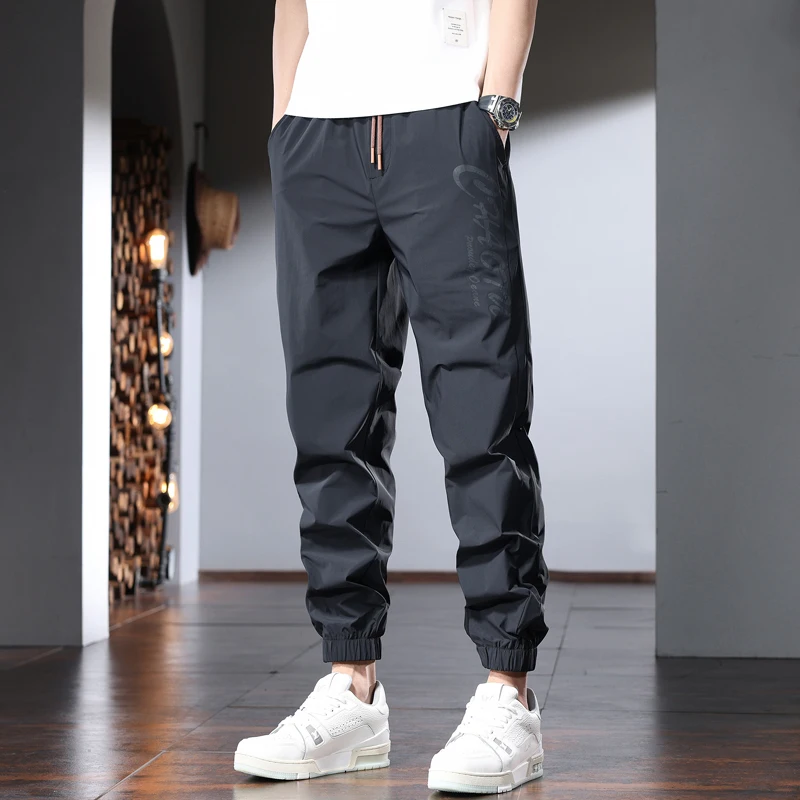 Black Sport Casual Pants Men Fashion Printed Joggers Lightweight Elastic Waist Drawstring Trousers