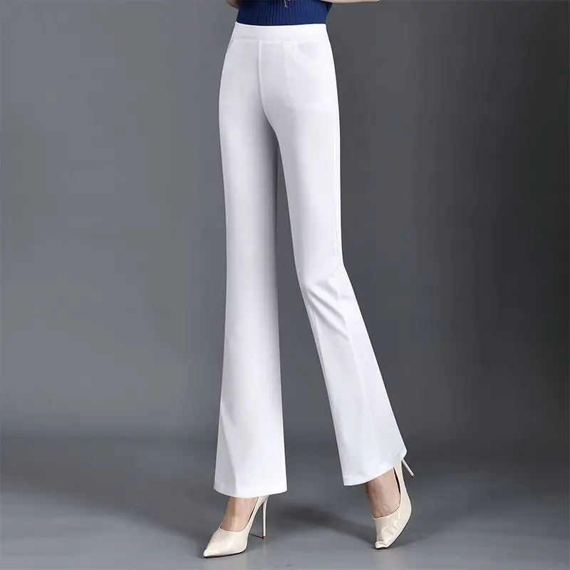 

White Solid Color Slightly Flared Trousers Tight Waist Fashionable Summer Wear Slimming Figure-hugging Elastic Women's Trousers